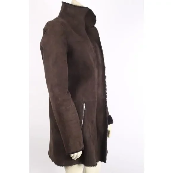 GOES Brown Suede Dyed Sheep Shearling Zip Winter Coat Size L